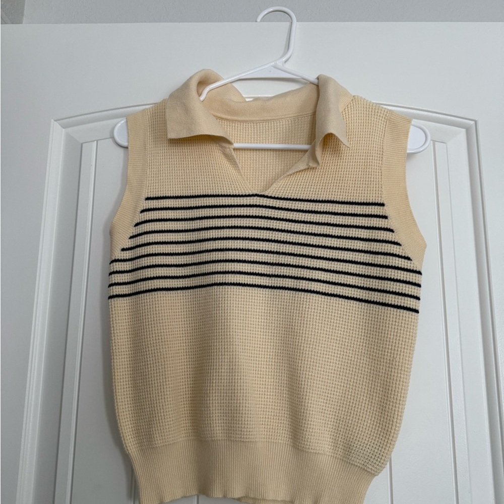 Cream Sleeveless Knit Top with Black Stripes